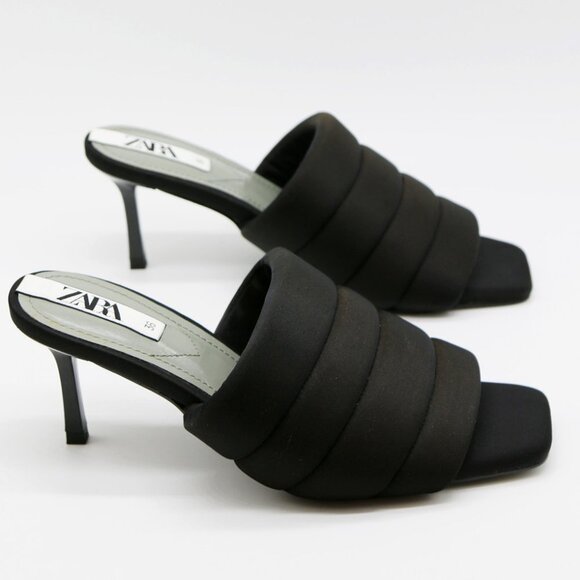 Zara Padded Quilted Slip On Slide Heel Mules Sandals 36 Black Square Toe Comfy - Picture 12 of 16